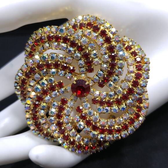 Vintage Pinwheel Rhinestones Brooch, AB Clear Red Rhinestones, Gold Plated, 1960 - Picture 1 of 10